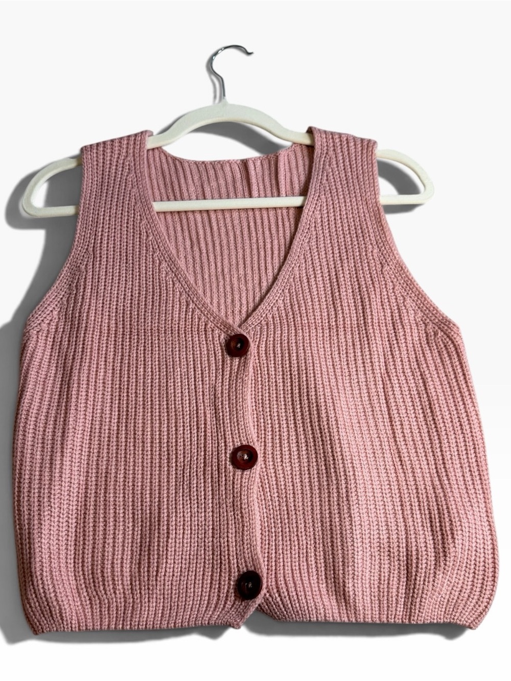 Pink Knit Button-Front Sleeveless Cardigan Vest